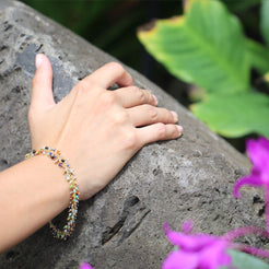 Fringe Bracelet in Multi-Gemstone, gold plated, worn lifestyle shot