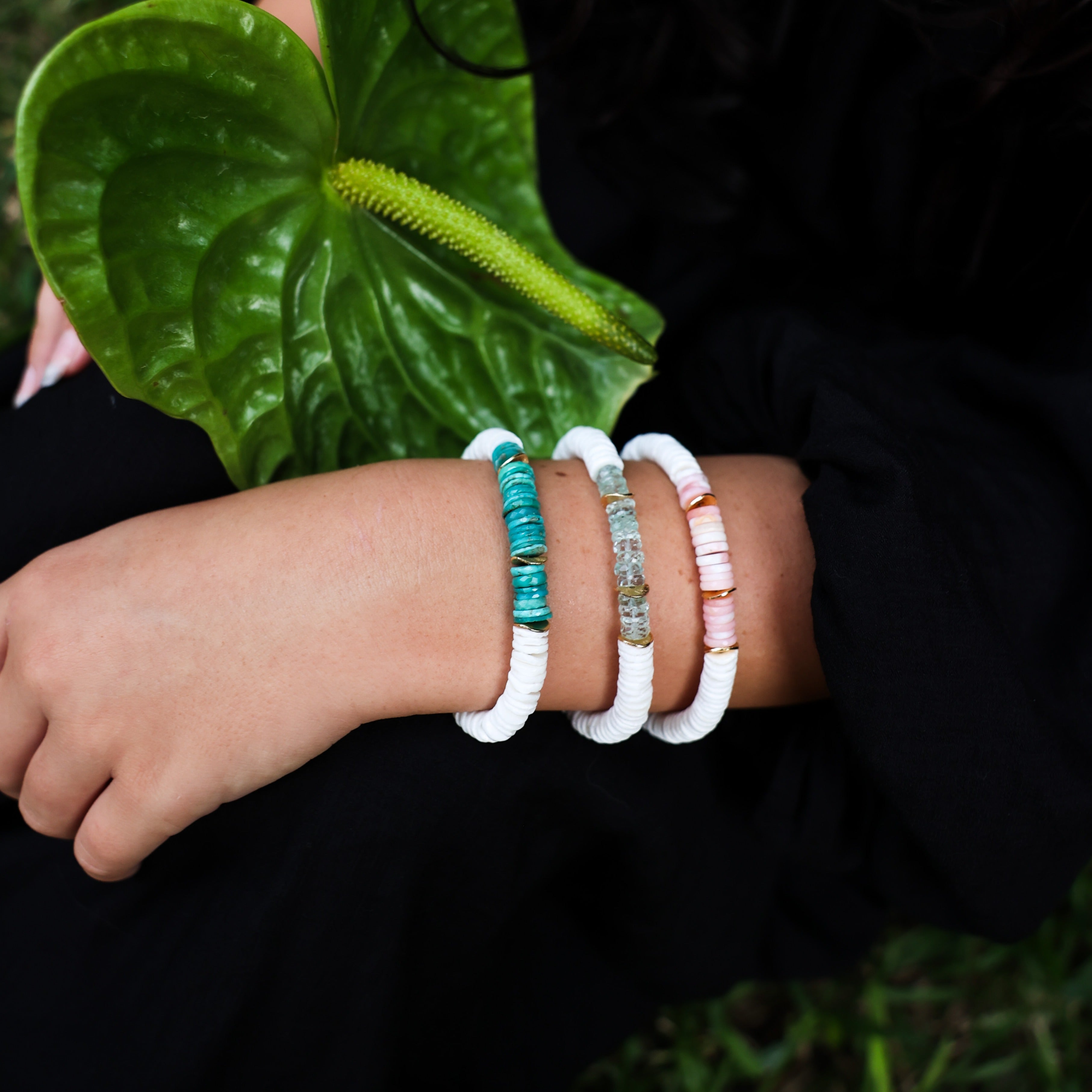 Puka Shell Bracelet with Gemstones and Gold Accent | Island Dawn | Handmade in Hawaii
