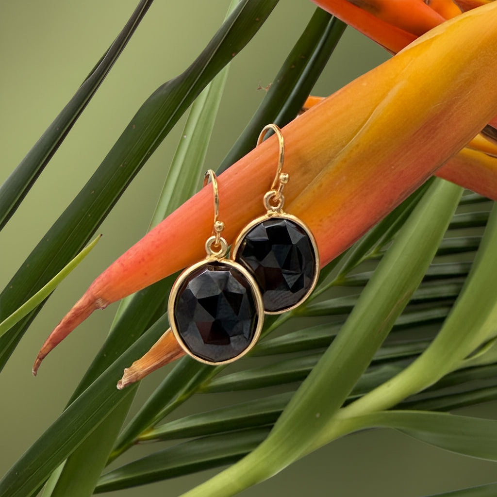 Gold Bezel Earrings with Black Spinel | Handmade in Hawaii