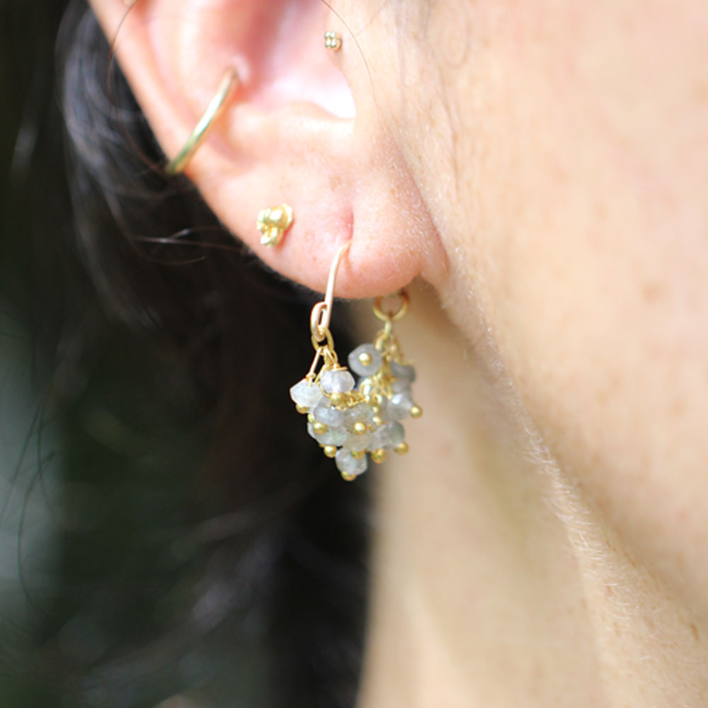 Mini Fringe Hoop Earrings in Labradorite, gold plated, worn lifestyle shot