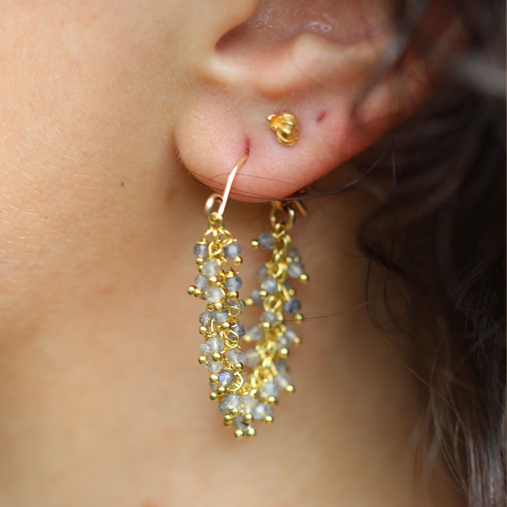 Fringe Hoop Earrings in Labradorite, gold plated, worn lifestyle shot