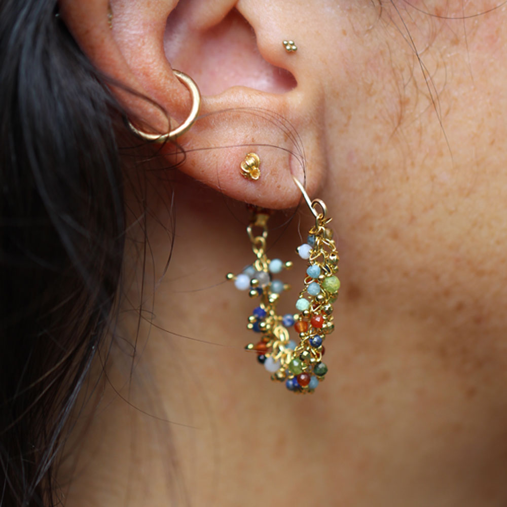 Fringe Hoop Earrings in Multi-Gemstone, gold plated, worn lifestyle shot