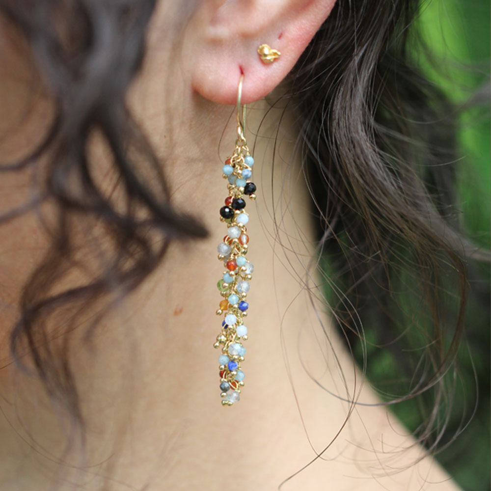 Long Fringe Earrings in Multi-Gemstone, gold plated, worn lifestyle shot