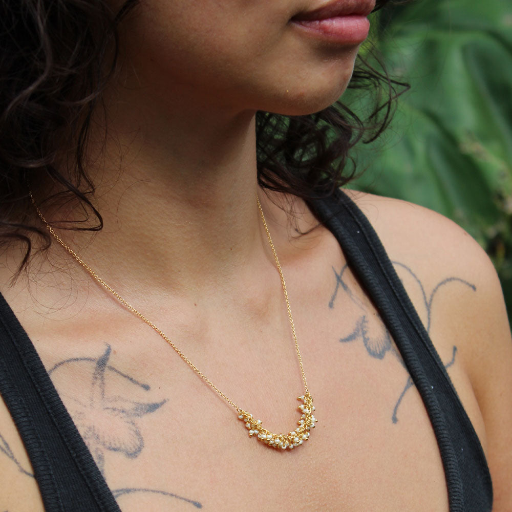 Short Horizontal Fringe Necklace in Pearl, gold plated, worn lifestyle shot